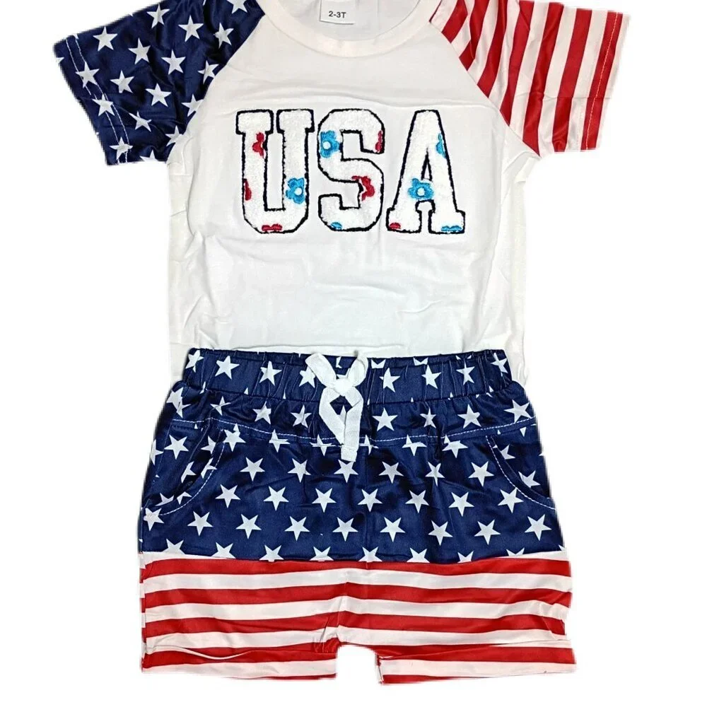 Toddler Boys T-Shirt Pants Red Whit & Blue 4th of July USA Flag Set 2-3T